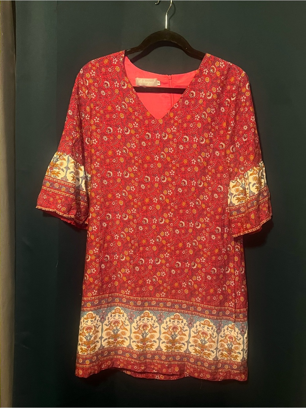 Floral Border Red V-Neck dress